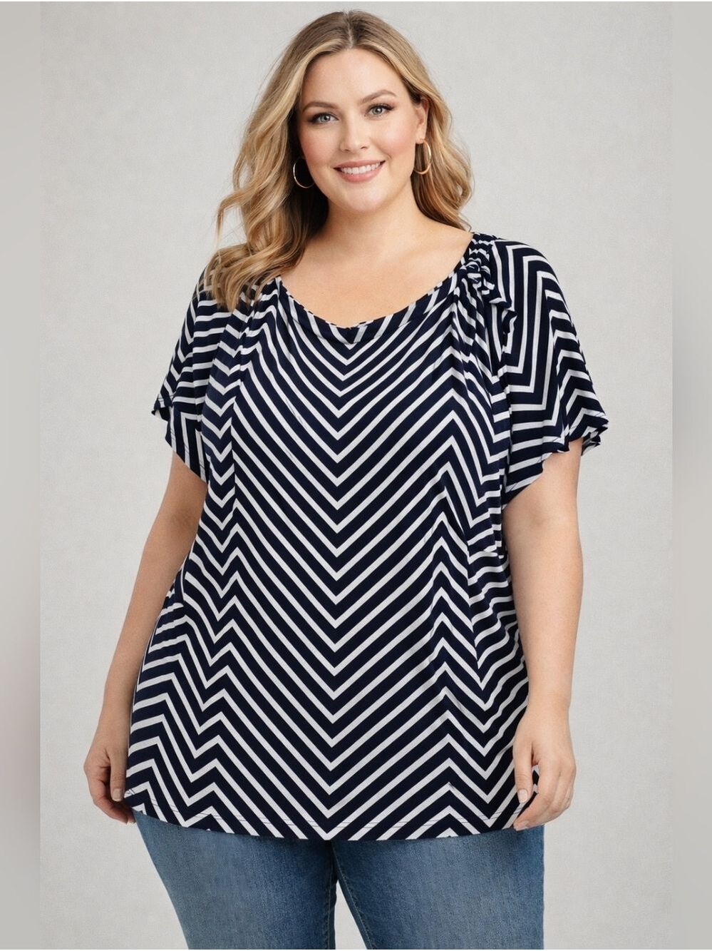 Navy White Chevron Stripe Top 2X  Feminine Blouse Tie Neck Plus Size